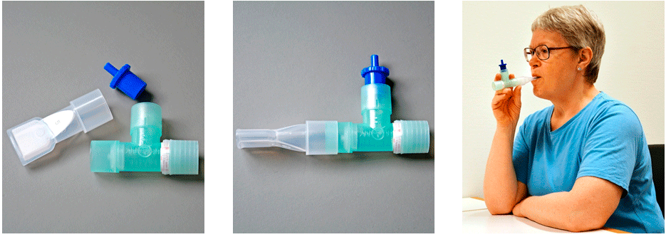 Photo of a PEP mouthpiece and a person using it.