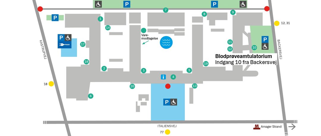 Map over the outpatient blood test department via entrance 10 on Backersvej.