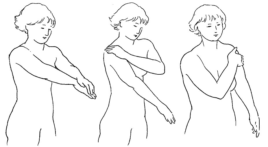Stående cirkler fra håndryggen op over armens overside op over skulderen til rask armhule