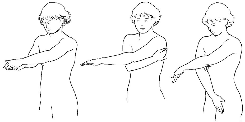 Stående cirkler fra håndfladen op langs armens underside til armhulens bagkant og videre ned langs kroppen til under lysken