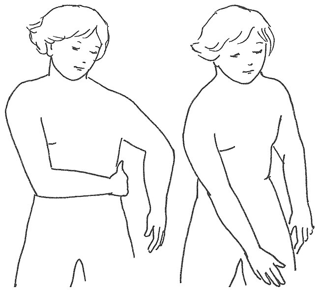 Stående cirkler fra taljen mod lysken og stående cirkler ned over kroppen fra den opererede armhule til lysken