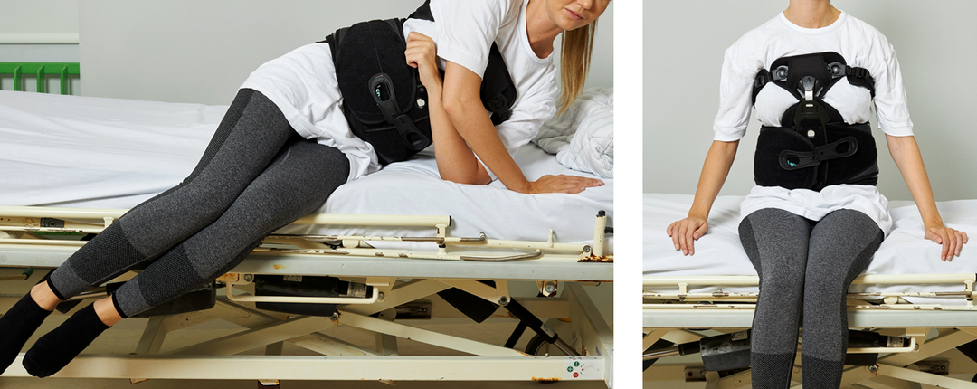 Fotos der viser, hvordan man fører benene ud over sengekanten.