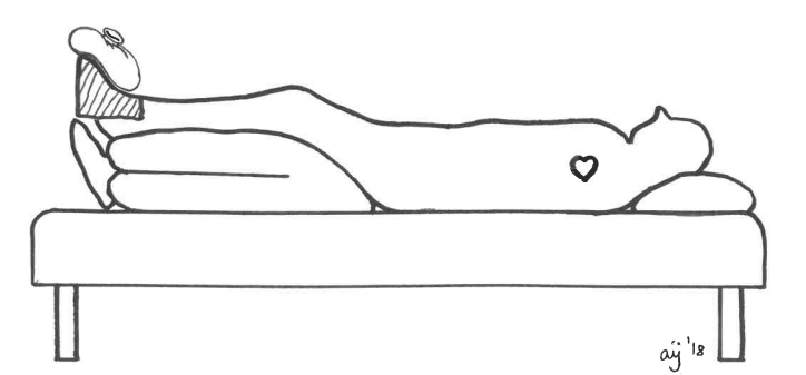 Illustration af en person med foden lejret over hjertehøjde med ispose på foden.