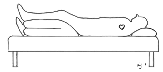 En tegning af en person, der ligger i en seng med benet  lejret over hjertehøjde. 