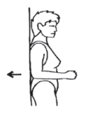 Tegning af patient som står med ryggen mod væggen og presser sin albue mod den.