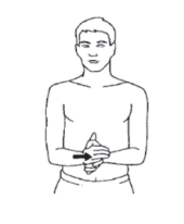Tegning af patient som presser sine håndfalder sammen. 