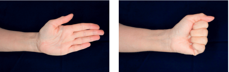 Billedet viser, hvordan man laver en knytnæve med hånden, og efterfølgende strækker alle fingrene ud.