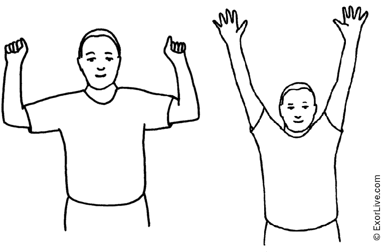 Venstre billede viser, at man skal række armene i vejret, og knytte fingrene. Højre billede viser, at man i samme position, nu skal strække fingrene.