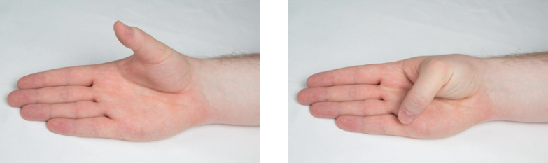Billedet viser, at man skal bevæge tommelfingeren over håndfladen mod roden af lillefingeren. 