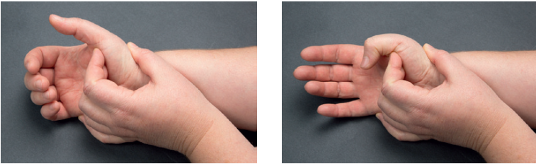 Billedet viser, hvordan man strækker og bøjer tommelfingerens grundled med den anden hånd.