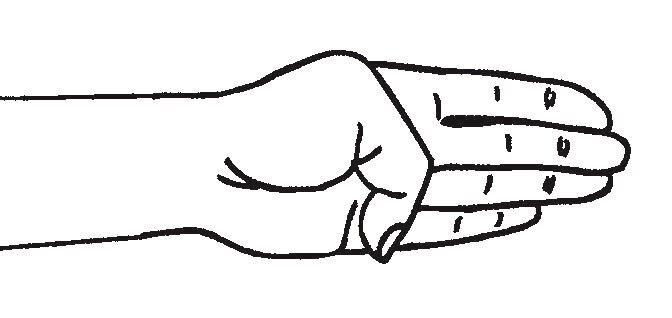 Billedet viser, at hånden og fingrene holdes sammen og strakte, men tommelfingeren føres mod bunden af lillefingeren.