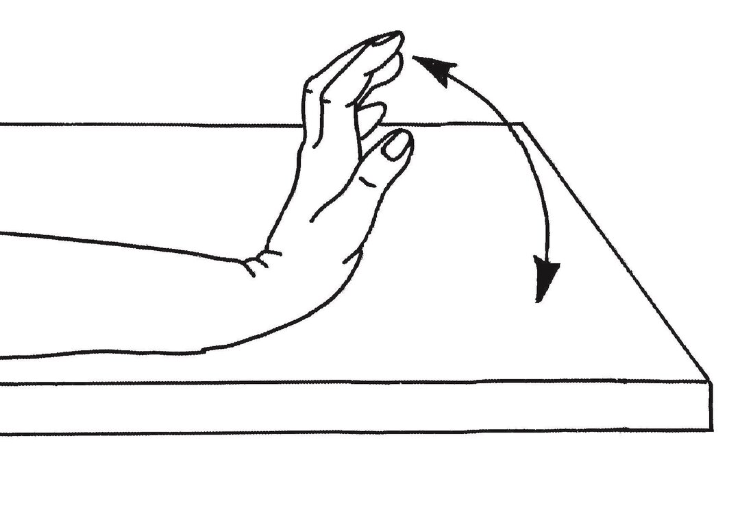 Billedet viser, at hånden lægges på en bordplade, og derefter bøjes hånden bagover.