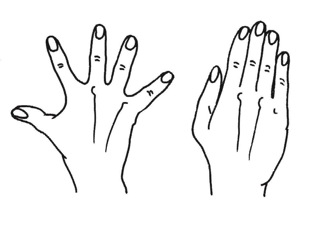 Billedet viser, hvordan håndens fingre holdes strakt, og derefter samles sammen.