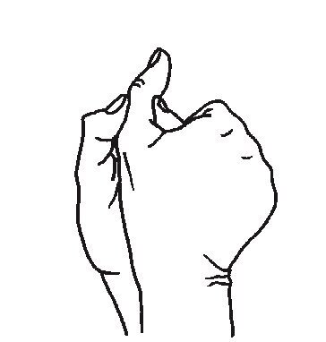 Billedet viser, at skadede hånds tommelfinger holdes med rask hånds tommel- og pegefinger, for at bøje den skadede hånds tommelfingers yderdel. 