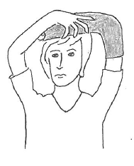 Billedet viser, at man står op og løfter armen i bandage over hovedet.