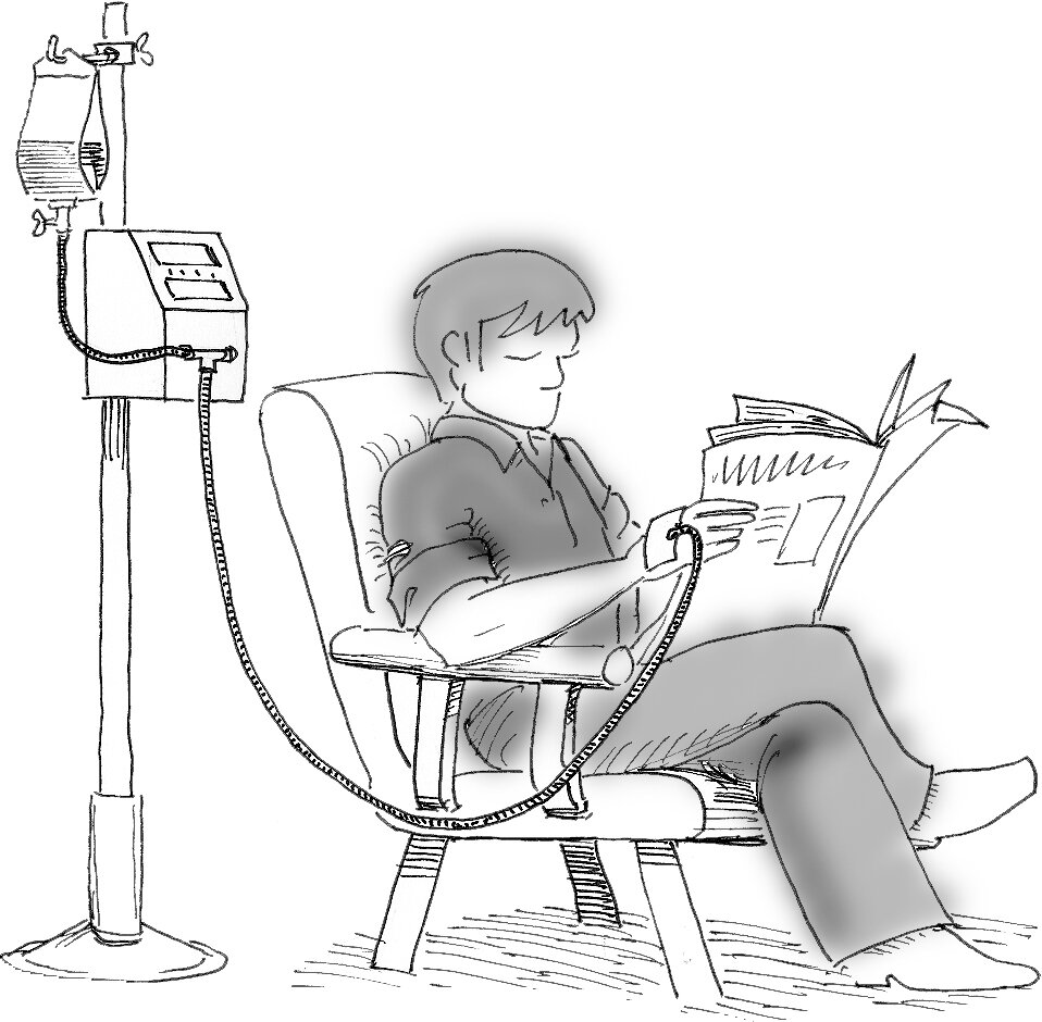 På tegning ses en patient, som sidder og læser avis, imens han modtager sin jernbehandling ved drop. 