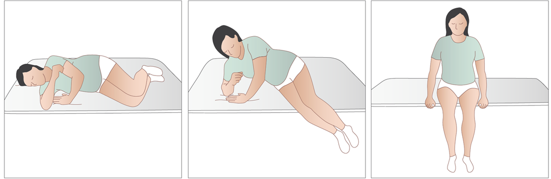 Illustration of how to get out of bed after a caesarean.