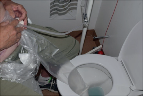 Et billede af et skylleærme og et toilet. 