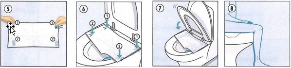 Billedefrisen viser hvordan opsamlingspapiret monteres på toilettet. 