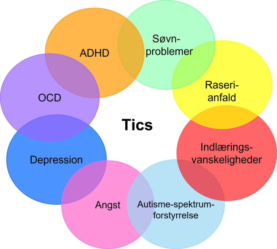Ledsagetilstande til Tourettes syndrom, som er søvnproblemer, raserianfald, indlæringsvanskeligheder, autismespektrumforstyrrelse, angst, depression, OCD og ADHD