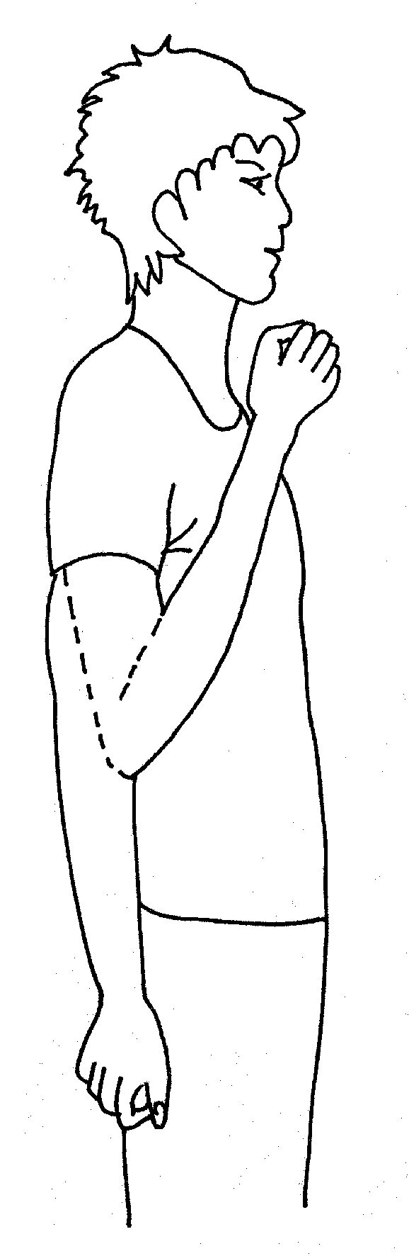 Billedet viser at man står til siden, og bøjer og strækker albuen til den arm, der er i slynge.