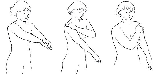 Billedefrisen viser først en person, der står med armene strakt og samlet. Miderste billede viser at den ene arm nu rører den modsatte skulder. Sidste billede viser at den modsatte arm holder den anden skulder.