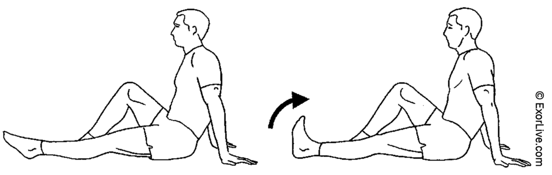 Billedet viser en person, der sidder ned med det ene ben bøjet, og det andet strakt. Den strakte bens fod bøjes frem og tilbage.