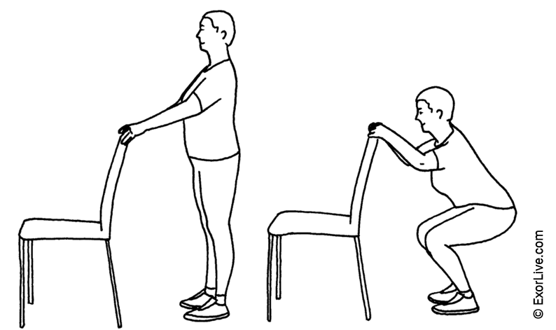 Illustration af, hvordan knæbøjning med støtte skal udføres.