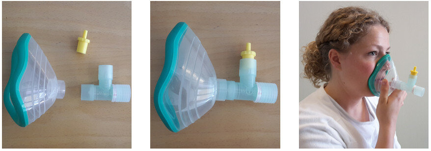 Picture of the PEP mask and a person using it.