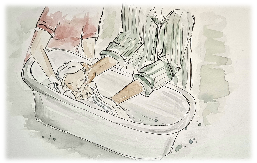Tegning af forældre, der bader baby i badekar