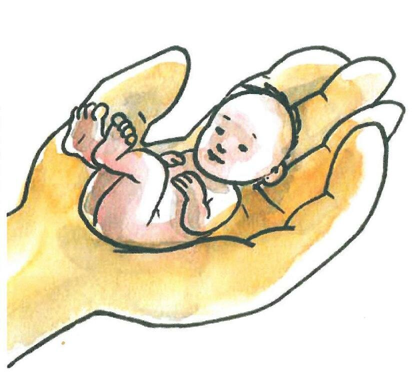 Illustration af lille baby i hånd