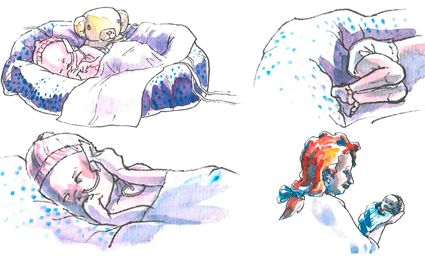 Illustrationer af baby med hænder tæt på munden, benene bøjet og ryggen krummet