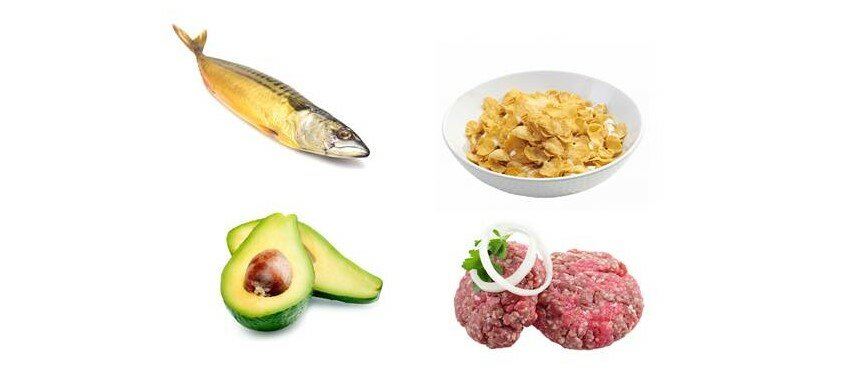 Billedet viser fisk, morgenmadsprodukt, avocado, og bøffer.