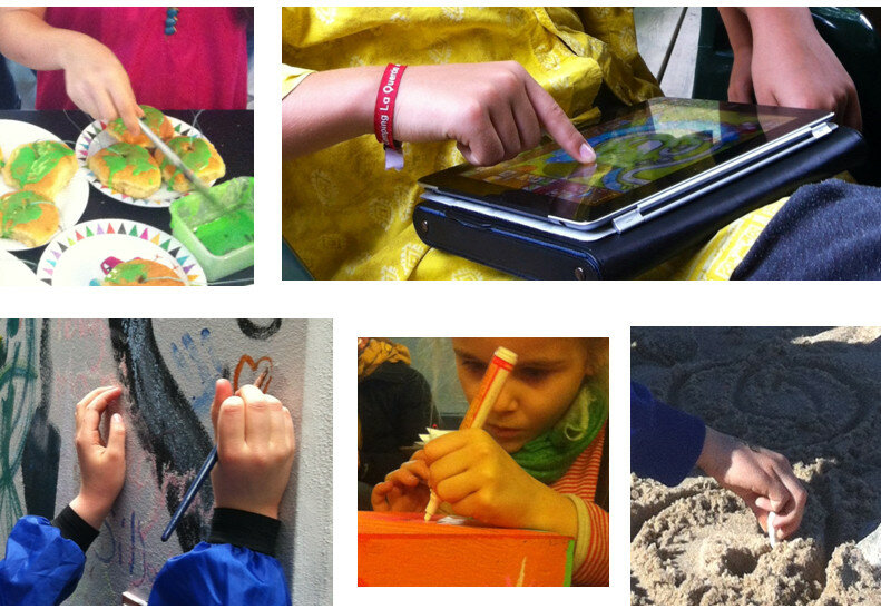 Billedet viser et barn smøre glasur på kager, spille på tablet, male på en væg og en kasse, samt lege i sand.
