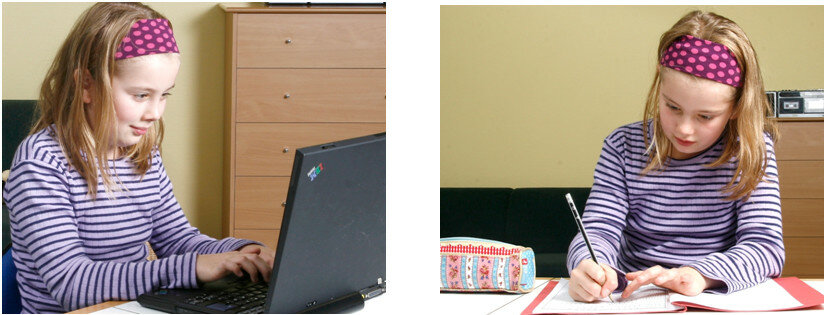 Billedet viser et barn ved en computer og tegner.
