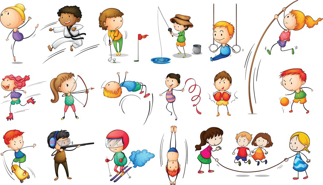Illustrationen viser børn der udfører diverse sportsgrene.
