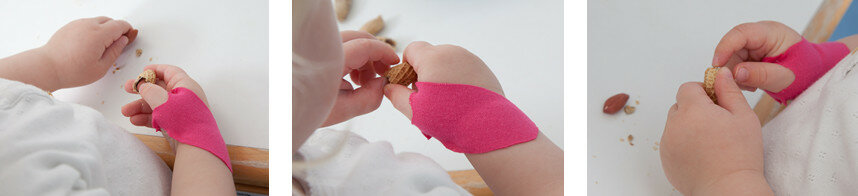 Billedet viser en collage af et barn, med tape på hånden, der åbner en jordnød.