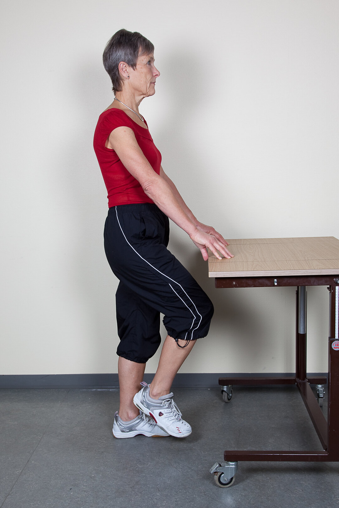 Øvelsen øger muskelstyrken på forsiden af lårene og omkring hoften.  Støt dig evt. til en sengegavl eller et bord.  Stå med vægten på det raske ben. Træk  navlen ind. • Løft det opererede ben med bøjet knæ   op mod maven, sænk det roligt igen. • Gentag øvelsen med det andet ben.