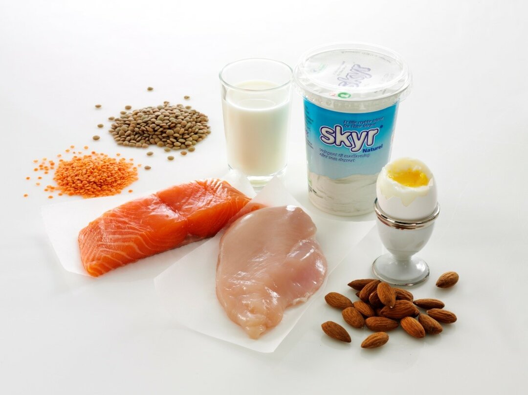 Billederne viser fødevarer, der indeholder protein. Disse fødevarer kan læses i listen for neden.
