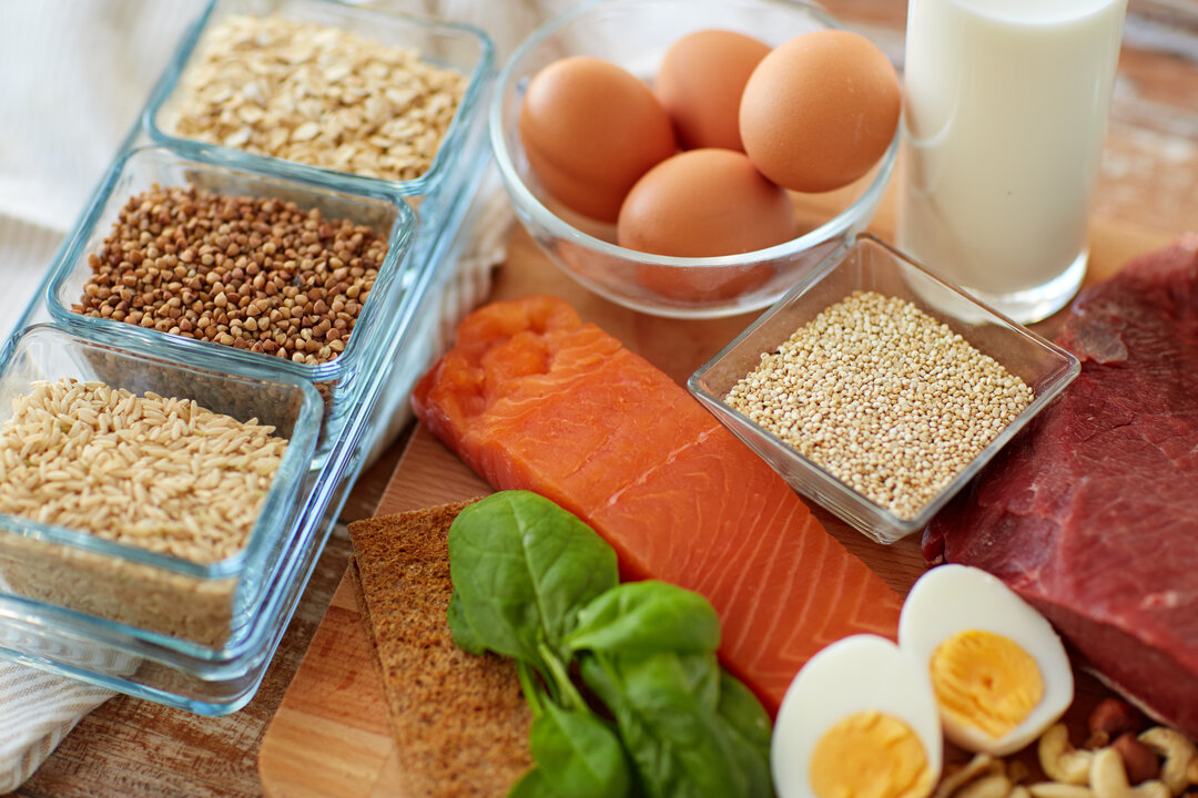 Billedet viser typiske proteinholdige fødevarer.