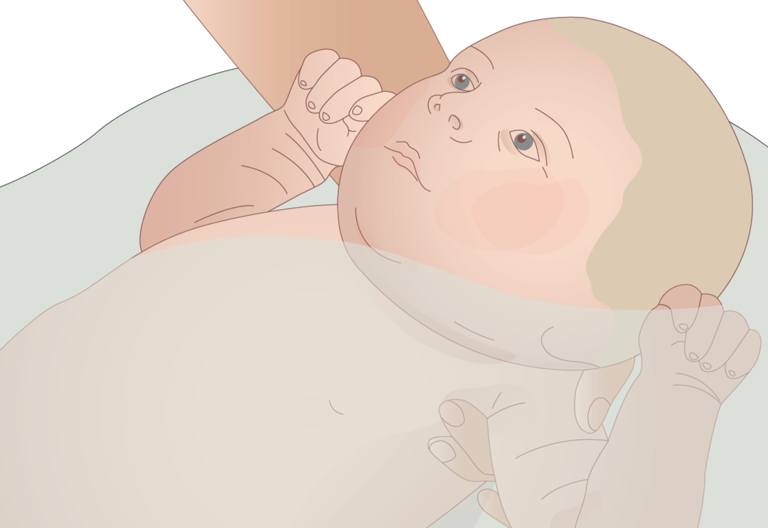 Illustration af, hvordan man holder baby i badet. 