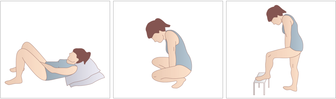 3 illustrationer: 1. En kvinde ligger på ryggen med fødderne fladt på jorden, benene bøjet og med puder under nakken og den øvre ryg, mens hun lægger vaginalring eller pessar op i skeden. 2. En kvinde sidder på hug med hælene løftet fra jorden og benene spredt, mens hun lægger vaginalring eller pessar op i skeden. 3. En kvinde står med den ene fod på en skammel, mens hun lægger vaginalring eller pessar op i skeden.