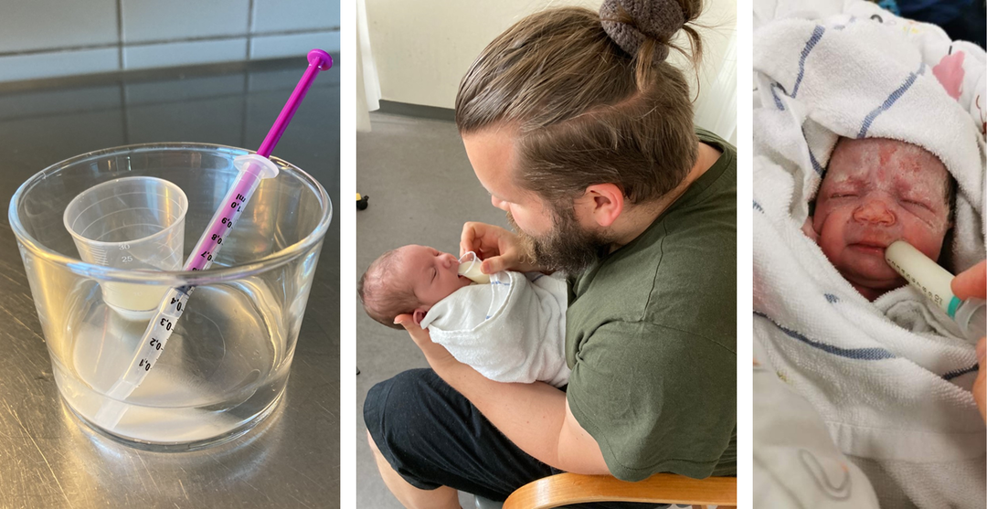 Billedet viser en forælder, der giver en nyfødt råmælk i en kop og i en sprøjte.