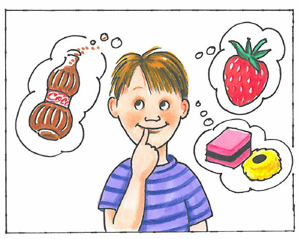Her kan patienten se hvad Tobias tænker på; cola, jordbær og slik.