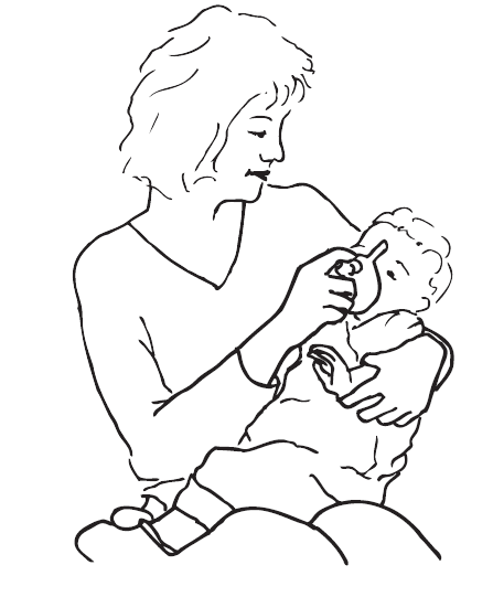 Tegning af mor og barn, der bruger PEP-masken.