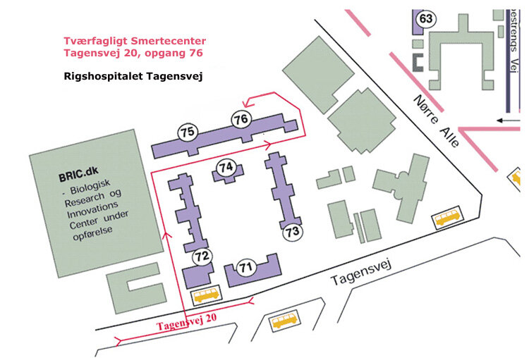 Kort over Tværfagligt Smertecenter på Tagensvej.