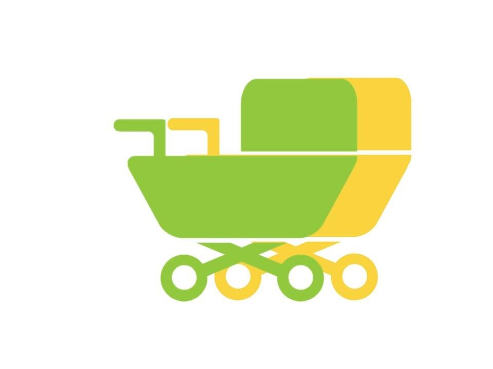 Illustration af en grøn-gul barnevogn