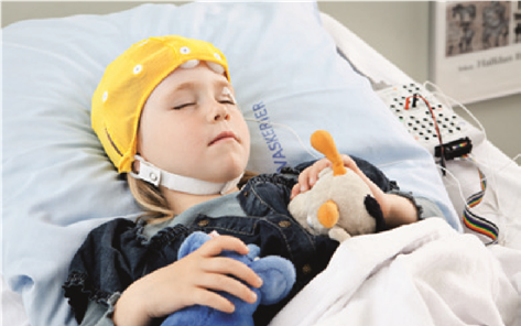 Sengeliggende patient med bamser, elektroder og hue
