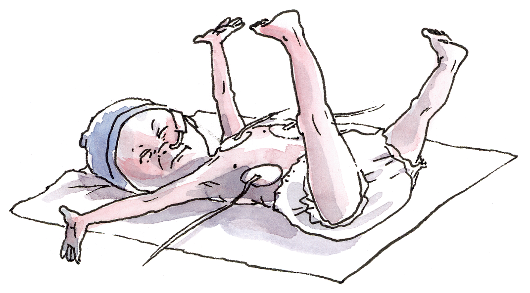 Illustration at et utilpas barn. Arme og ben er strukket stift i vejret med spredte fingre og tæer.