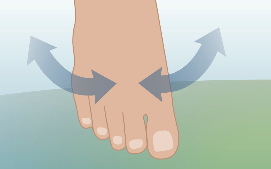 Illustration viser fod med pile der signalerer rotation i ankelledet.